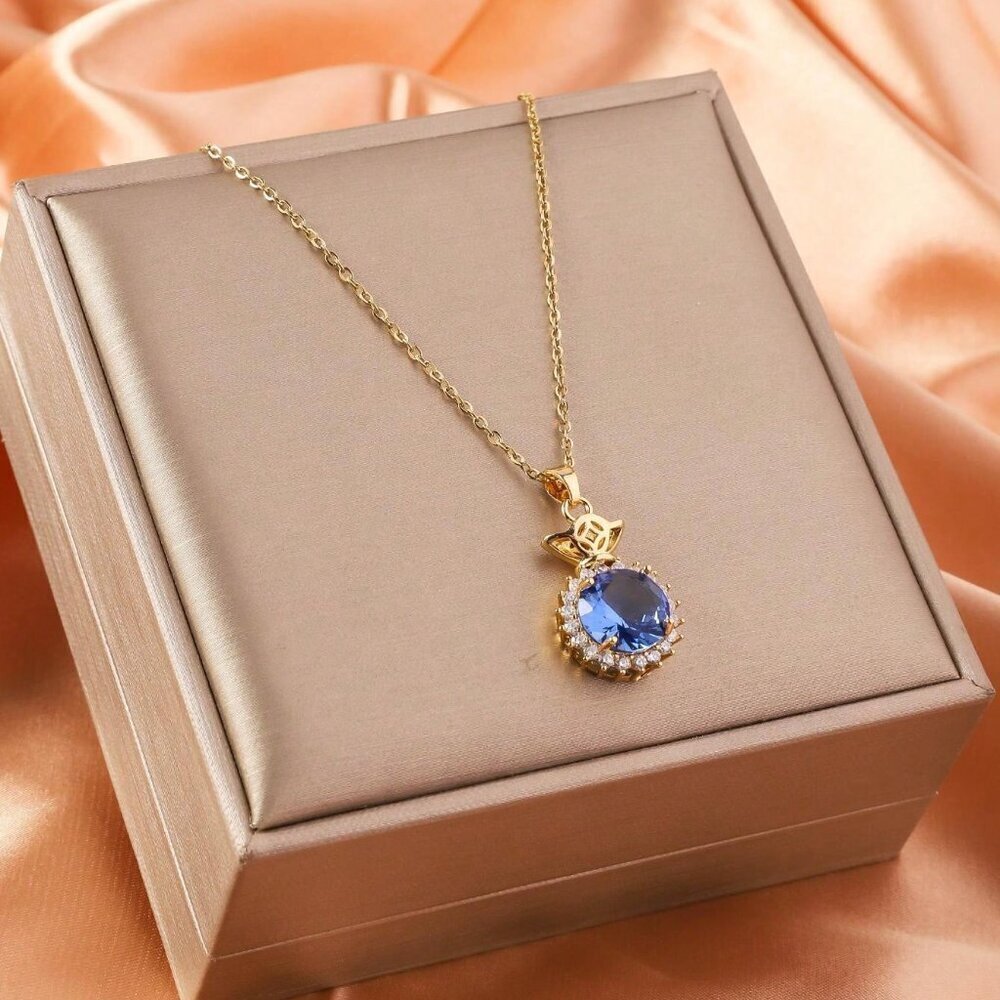 Elegant 18k Gold Filled Necklace with Blue Topaz Gemstone Pendant - - Picture 4 of 5